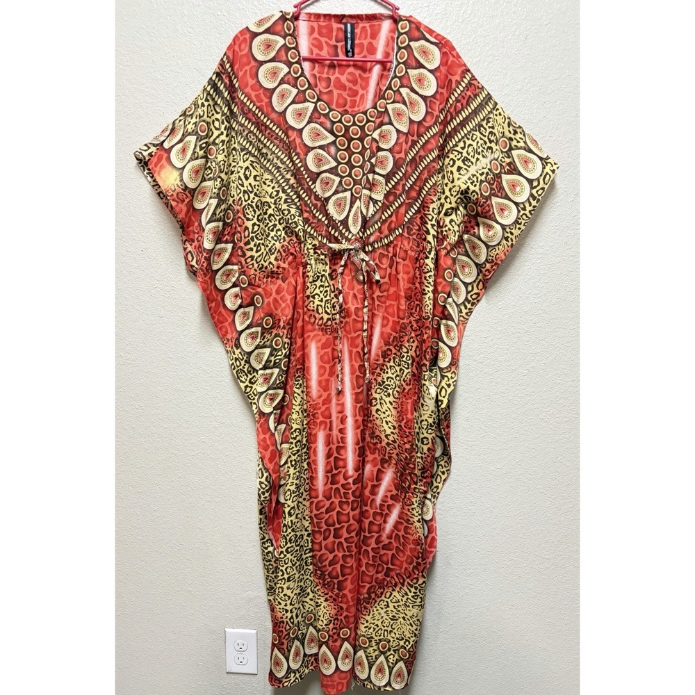 American Leisure Red Brown Beige Animal Print Kaftan Dress Round Neck Long One